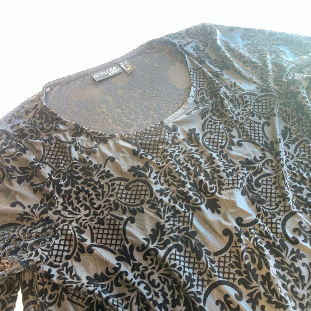 Attitudes by Renee Elegant Black Velvet Burnout Filigree Patterned Blouse